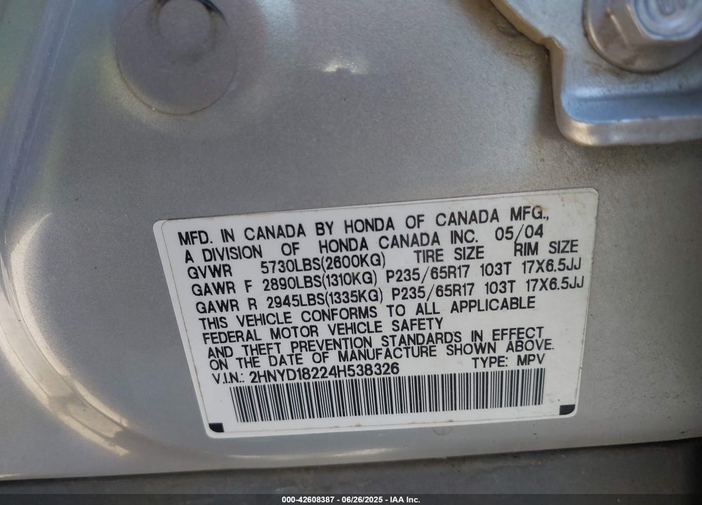 2004 ACURA MDX VIN: 2HNYD18224H538326