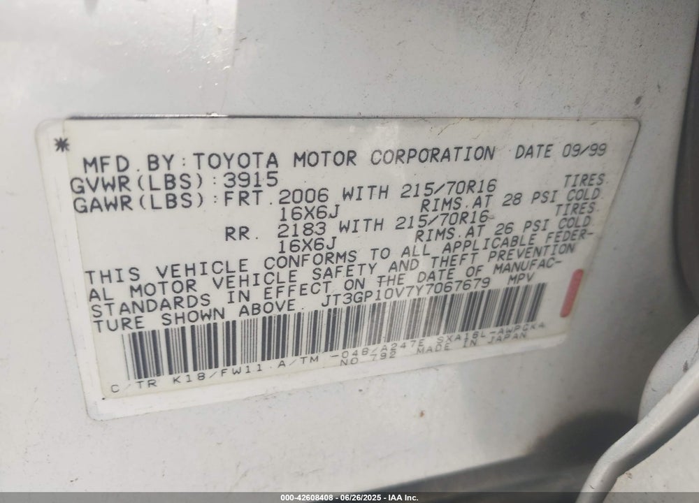 2000 TOYOTA RAV4 VIN: JT3GP10V7Y7067679