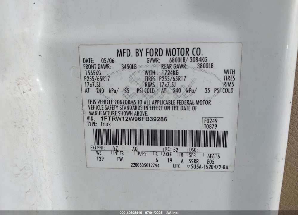 2006 FORD F-150 XLT VIN: 1FTRW12W96FB39286