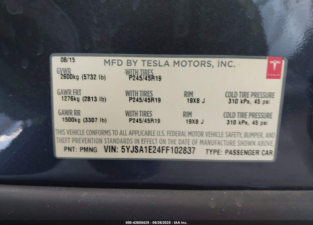 2015 TESLA MODEL S VIN: 5YJSA1E24FF102837