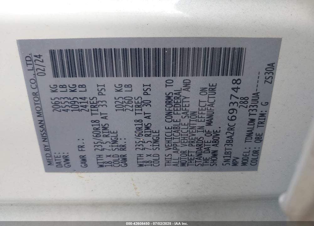 2024 NISSAN ROGUE VIN: 5N1BT3BA2RC693748