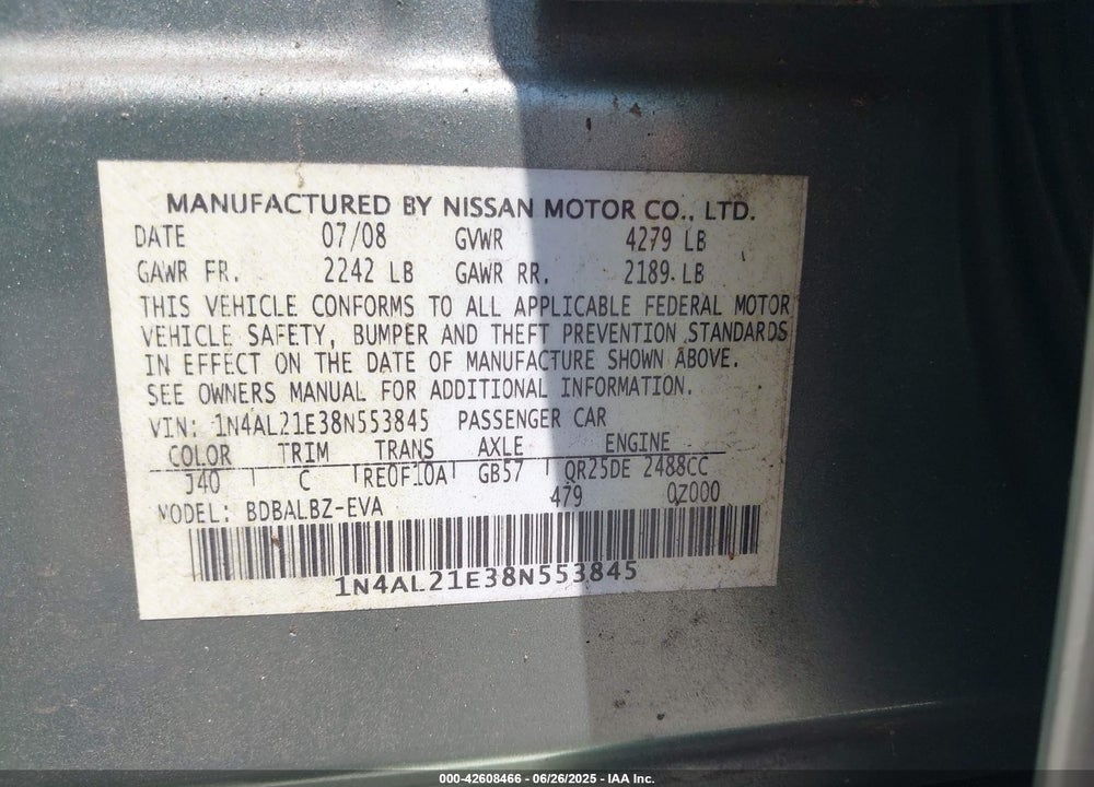 2008 NISSAN ALTIMA VIN: 1N4AL21E38N553845