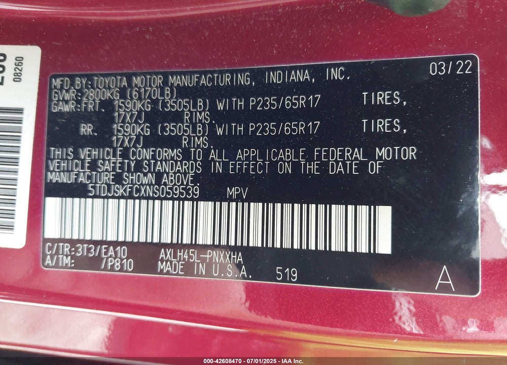 2022 TOYOTA SIENNA XLE VIN: 5TDJSKFCXNS059539