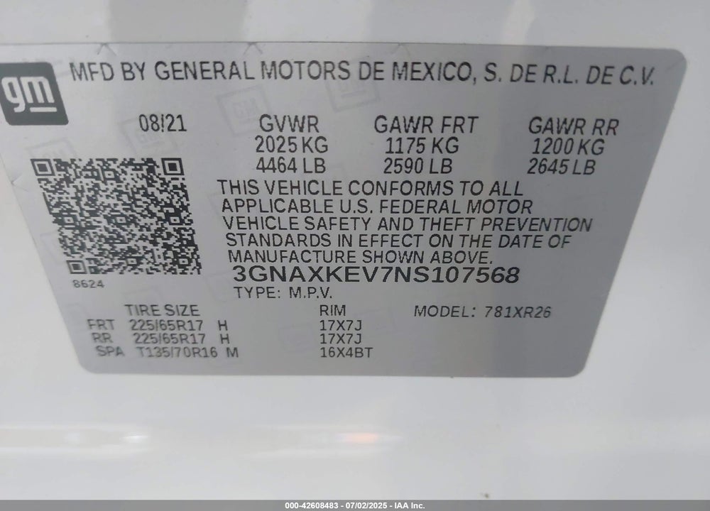 2022 CHEVROLET EQUINOX FWD LT VIN: 3GNAXKEV7NS107568