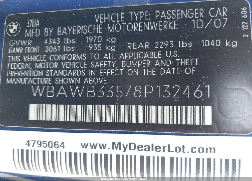 2008 BMW 3 SERIES VIN: WBAWB33578P132461