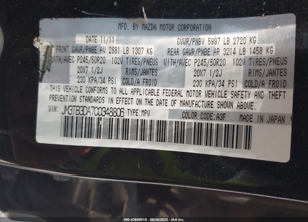 2012 MAZDA CX-9 VIN: JM3TB3DA7C0348806