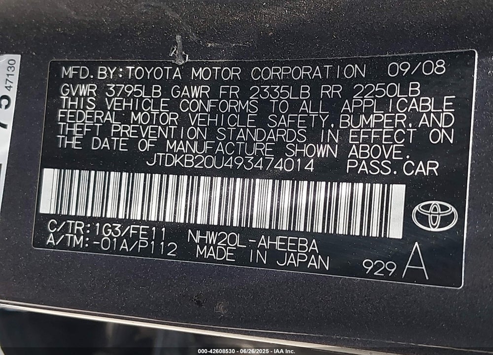 2009 TOYOTA PRIUS VIN: JTDKB20U493474014