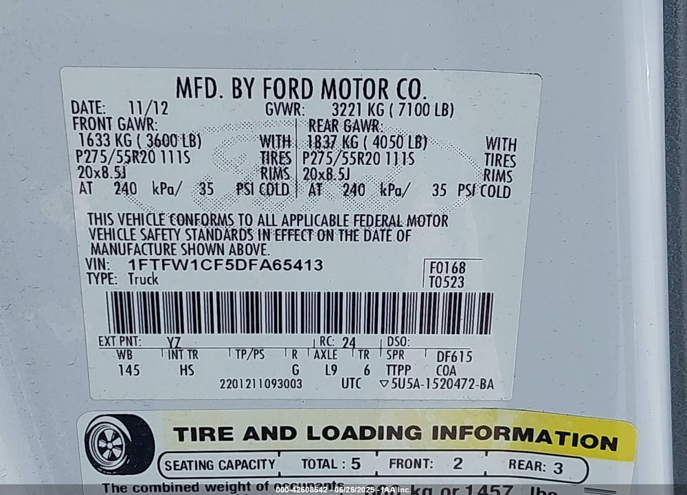 2013 FORD F150 VIN: 1FTFW1CF5DFA65413