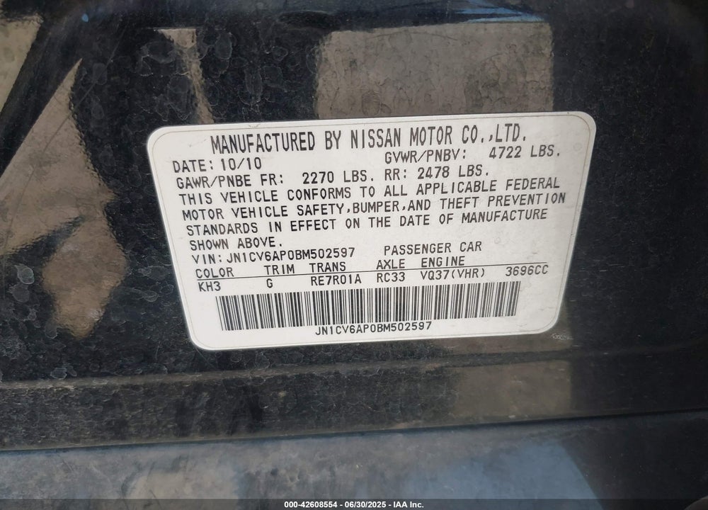 2011 INFINITI G37 VIN: JN1CV6AP0BM502597