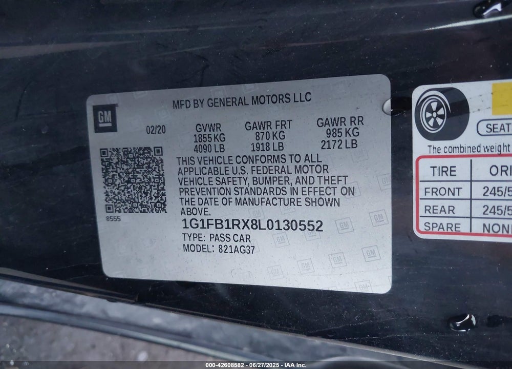 2020 CHEVROLET CAMARO VIN: 1G1FB1RX8L0130552