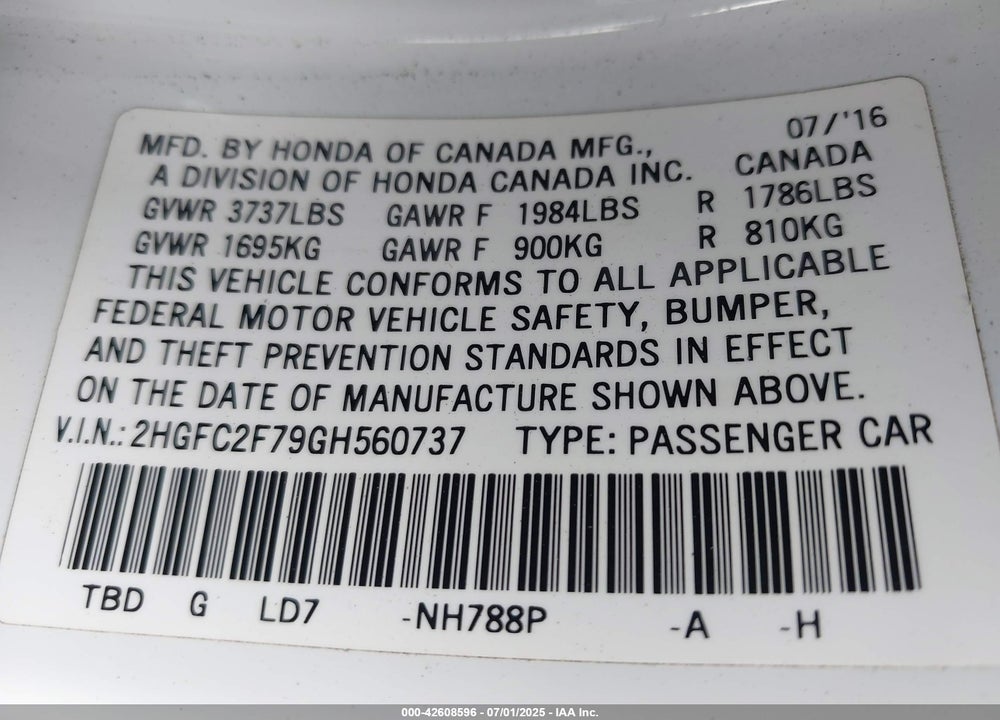 2016 HONDA CIVIC EX VIN: 2HGFC2F79GH560737