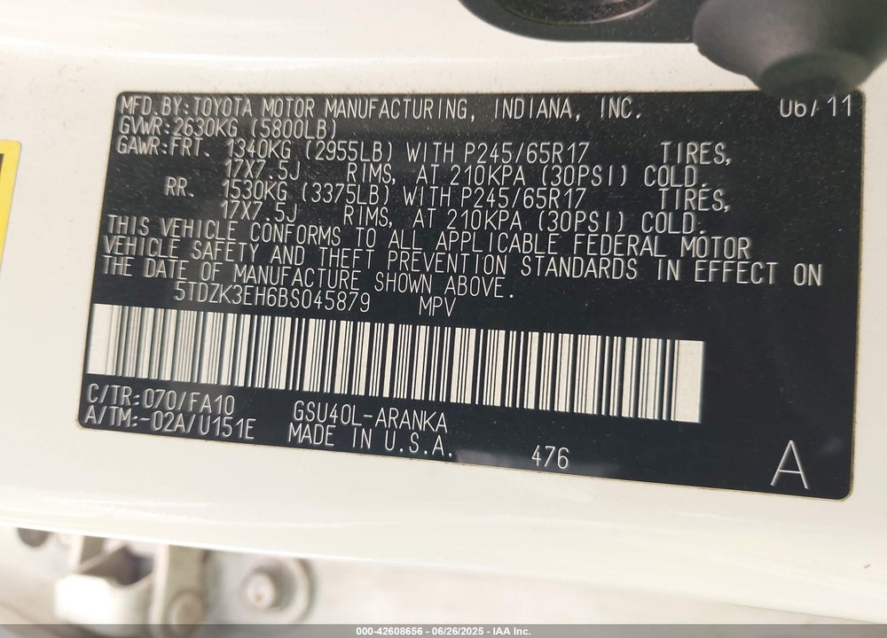 2011 TOYOTA HIGHLANDER BASE V6 VIN: 5TDZK3EH6BS045879