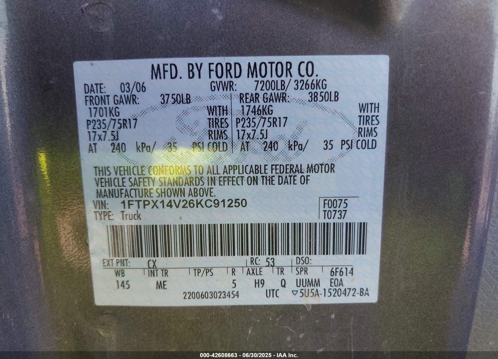 2006 FORD F-150 VIN: 1FTPX14V26KC91250