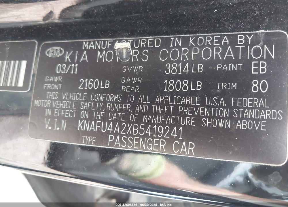 2011 KIA FORTE VIN: KNAFU4A2XB5419241