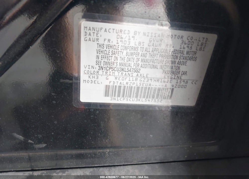 2019 NISSAN KICKS VIN: 3N1CP5CU3KL547552