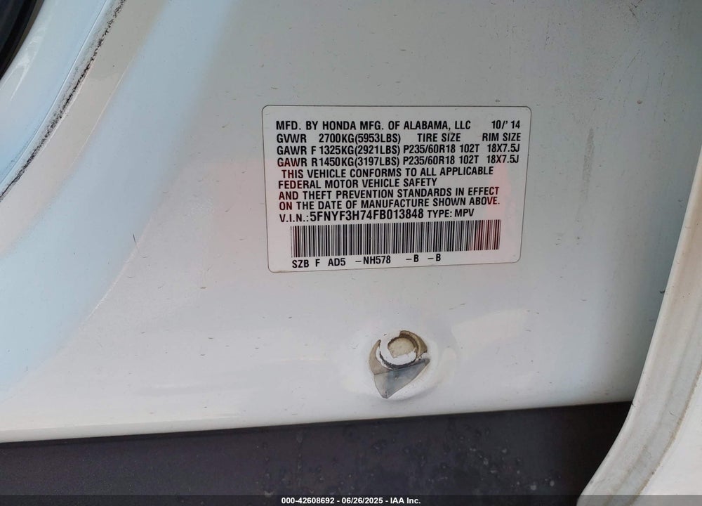 2015 HONDA PILOT VIN: 5FNYF3H74FB013848