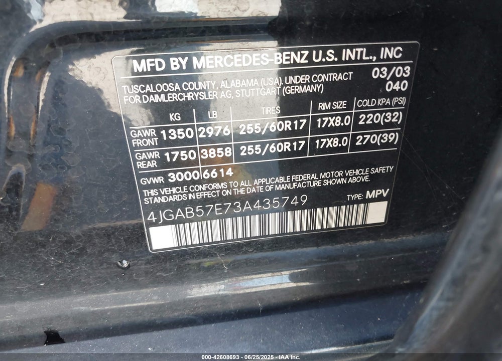 2003 MERCEDES-BENZ ML 350 VIN: 4JGAB57E73A435749