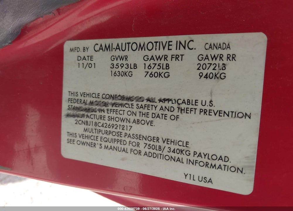 2002 CHEVROLET TRACKER VIN: 2CNBJ18C426921217