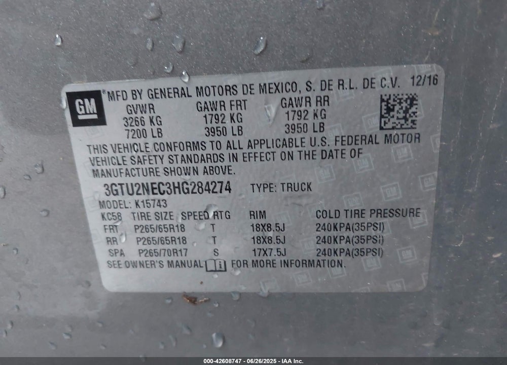 2017 GMC SIERRA 1500 SLT VIN: 3GTU2NEC3HG284274