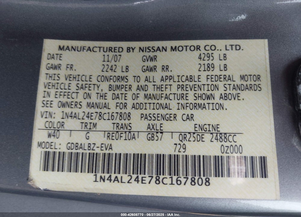 2008 NISSAN ALTIMA VIN: 1N4AL24E78C167808