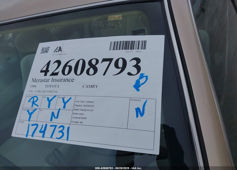 1996 TOYOTA CAMRY DX/LE/XLE VIN: JT2BG12K7T0407156