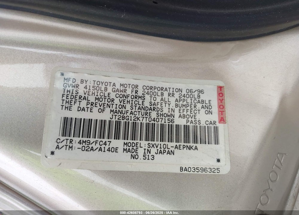 1996 TOYOTA CAMRY DX/LE/XLE VIN: JT2BG12K7T0407156