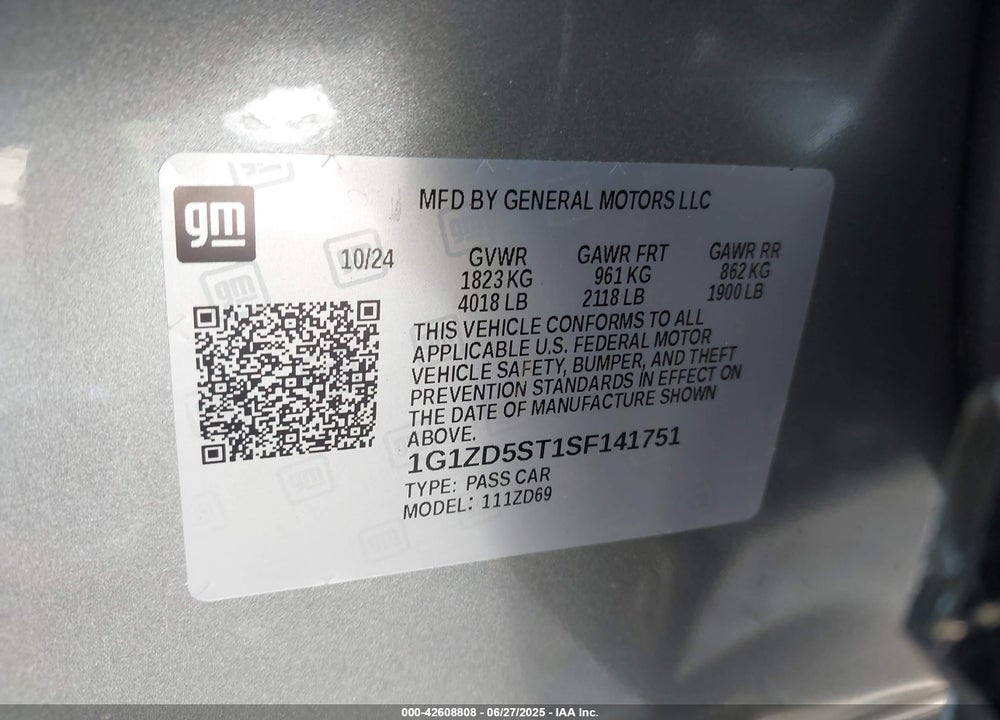 2025 CHEVROLET MALIBU FWD 1LT VIN: 1G1ZD5ST1SF141751