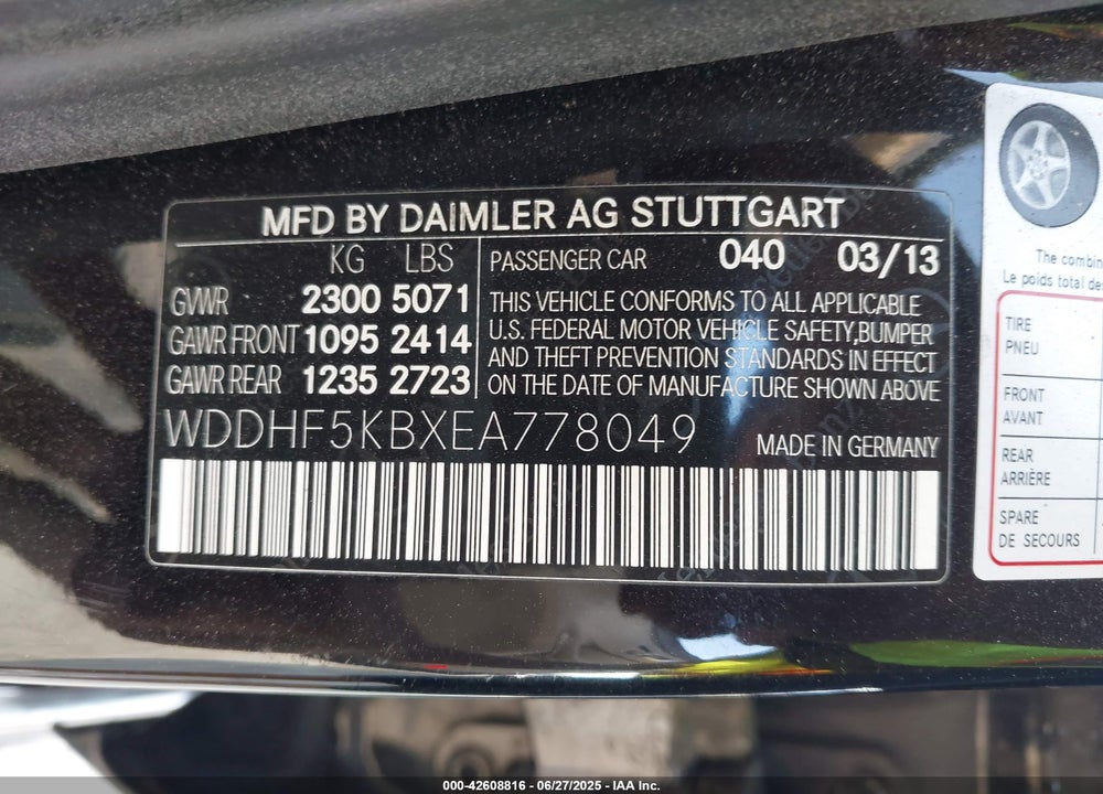 2014 MERCEDES-BENZ E-CLASS VIN: WDDHF5KBXEA778049