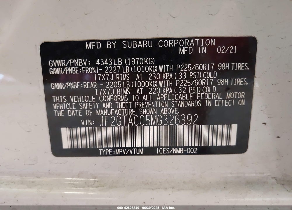 2021 SUBARU CROSSTREK VIN: JF2GTACC5MG326392