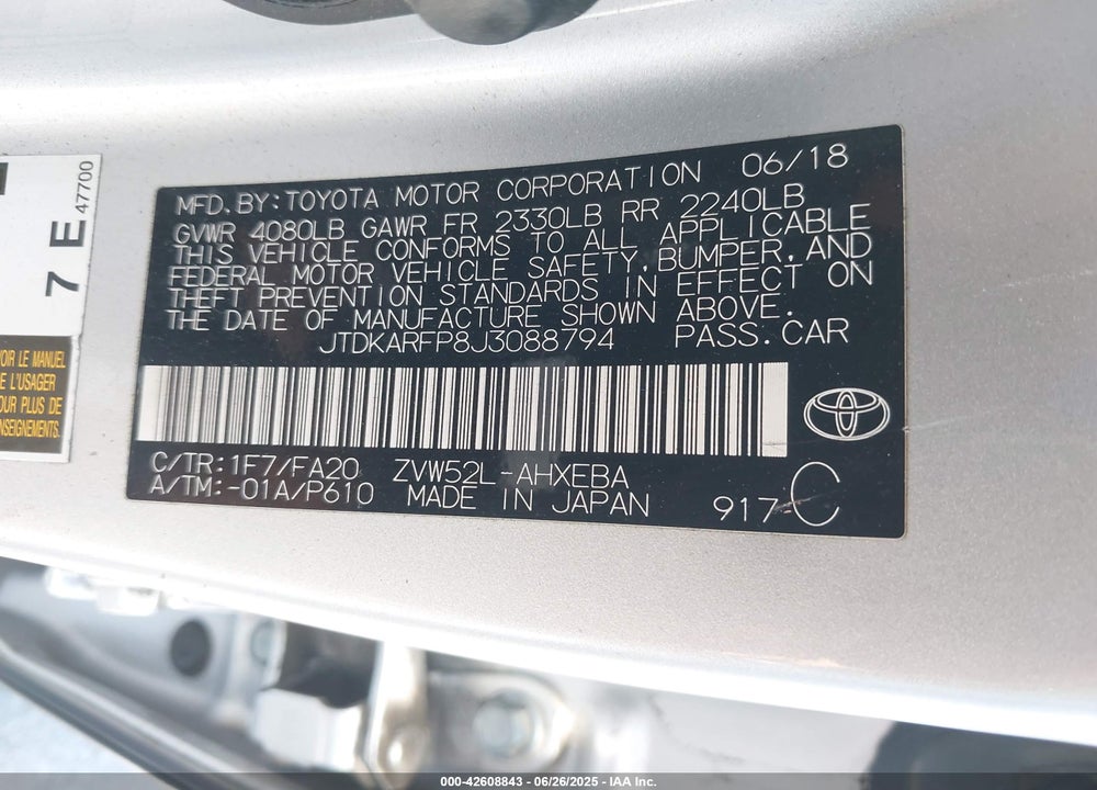 2018 TOYOTA PRIUS PRIME VIN: JTDKARFP8J3088794