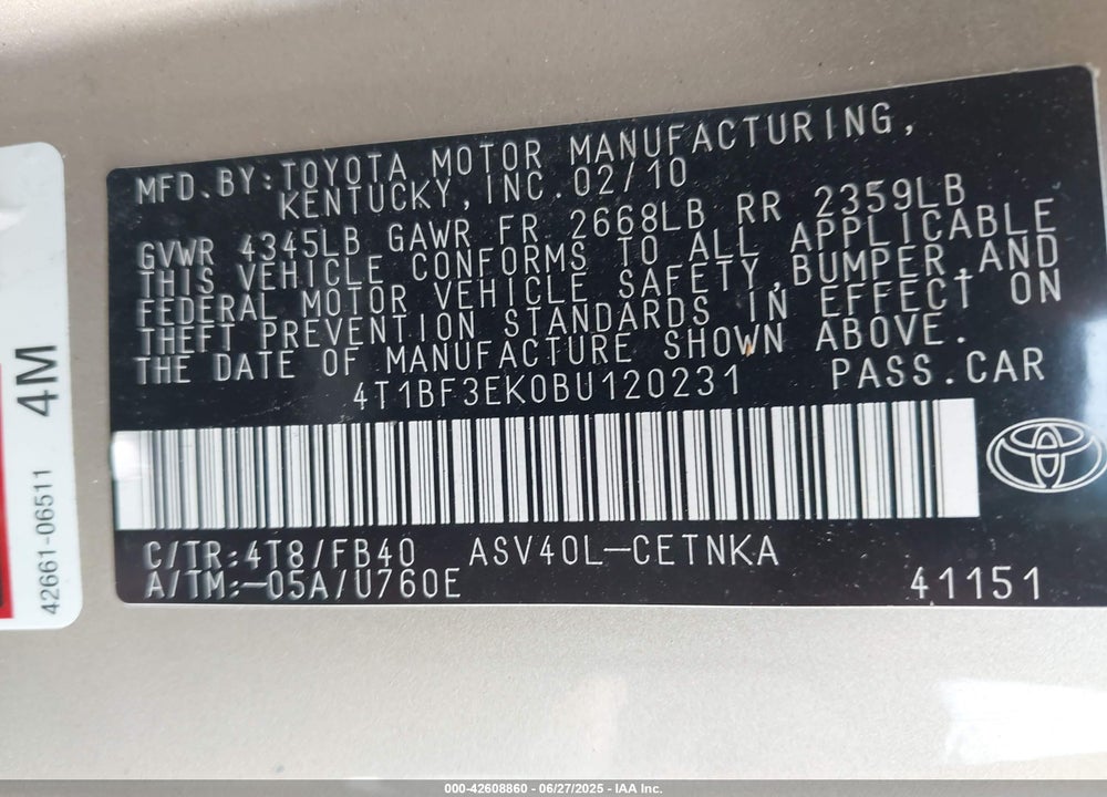 2011 TOYOTA CAMRY LE VIN: 4T1BF3EK0BU120231
