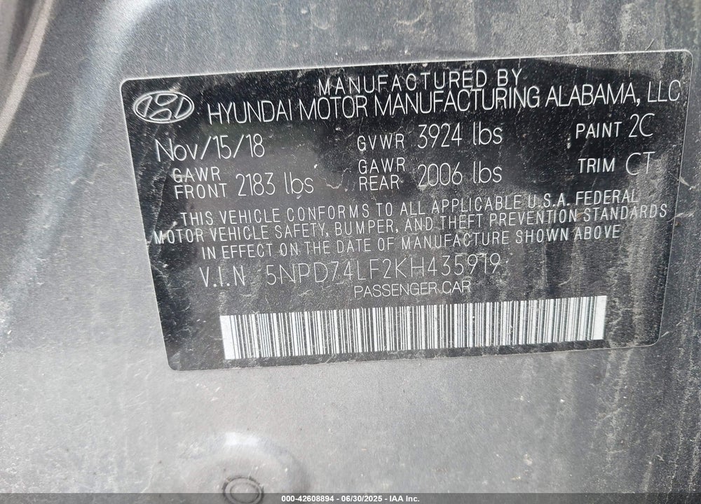 2019 HYUNDAI ELANTRA VIN: 5NPD74LF2KH435919