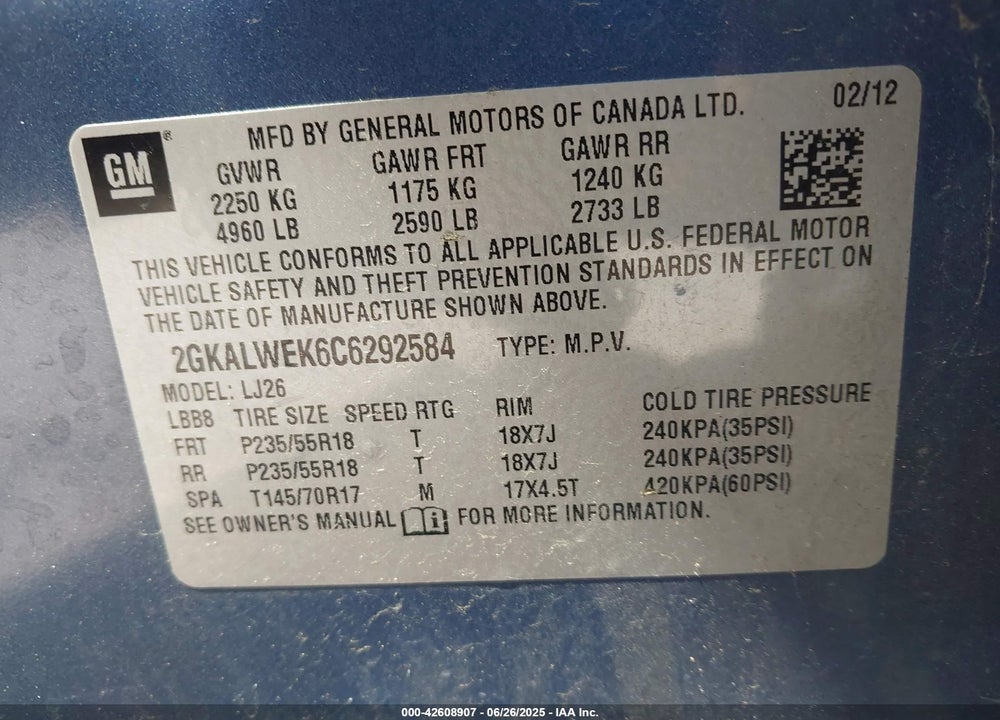 2012 GMC TERRAIN SLT-2 VIN: 2GKALWEK6C6292584