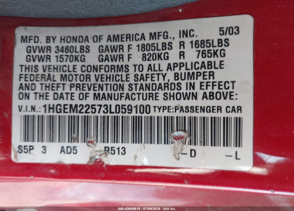 2003 HONDA CIVIC LX VIN: 1HGEM22573L059100