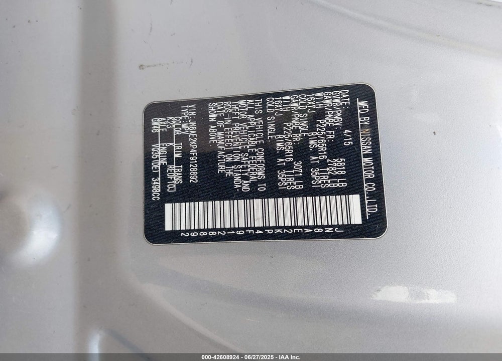 2015 NISSAN QUEST PLATINUM/S/SL/SV VIN: JN8AE2KP4F9128892