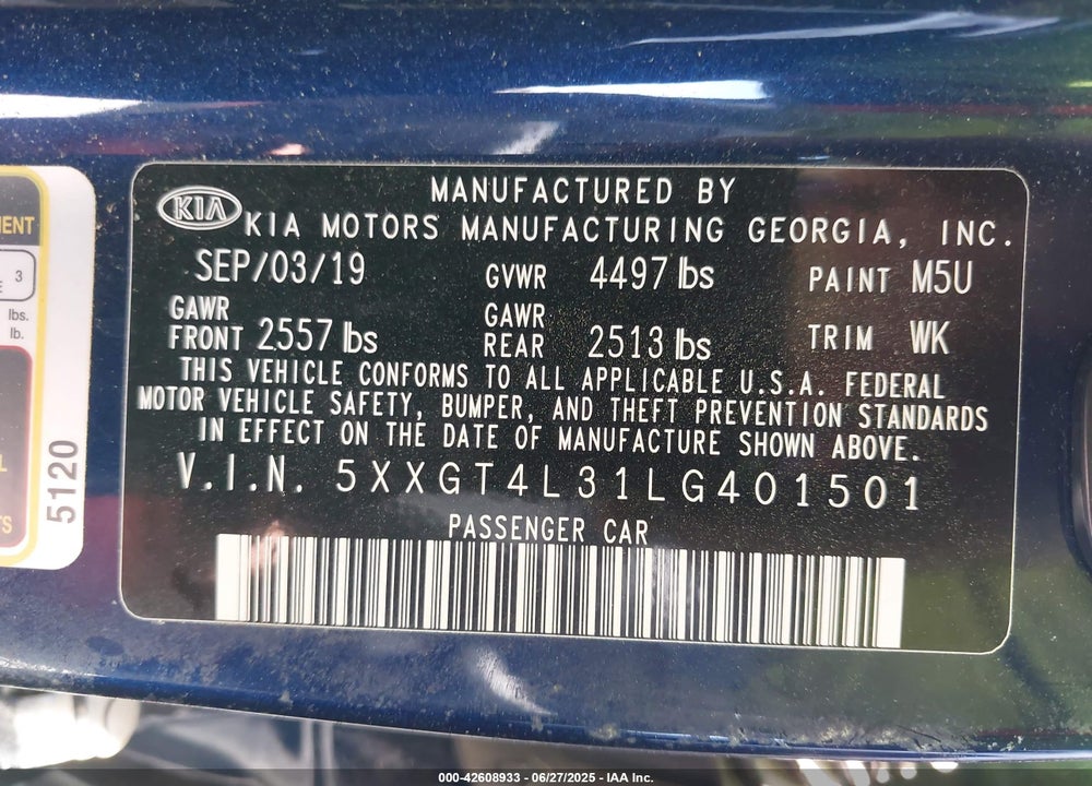 2020 KIA OPTIMA VIN: 5XXGT4L31LG401501