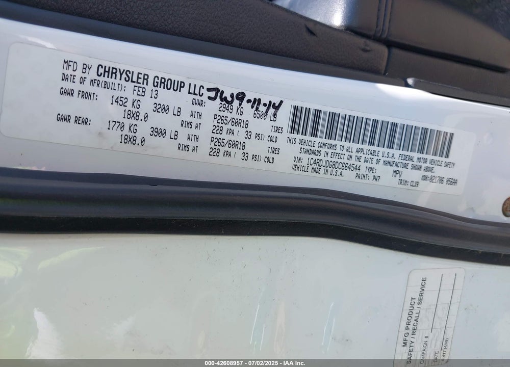 2013 DODGE DURANGO VIN: 1C4RDJDG8DC664544