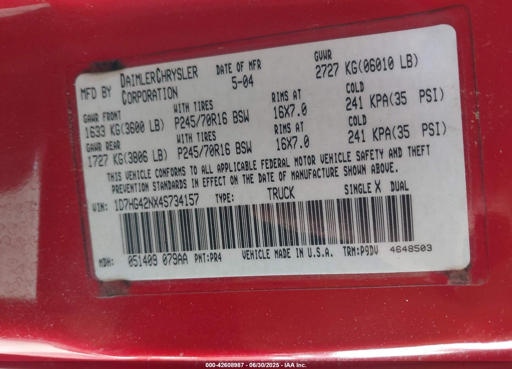 2004 DODGE DAKOTA SLT VIN: 1D7HG42NX4S734157