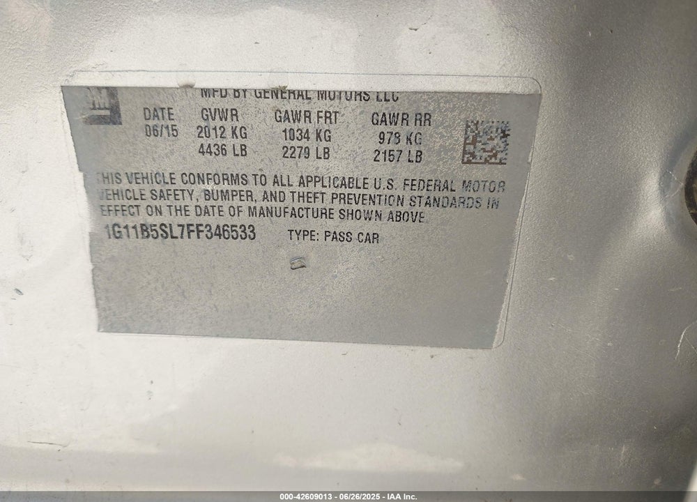 2015 CHEVROLET MALIBU VIN: 1G11B5SL7FF346533
