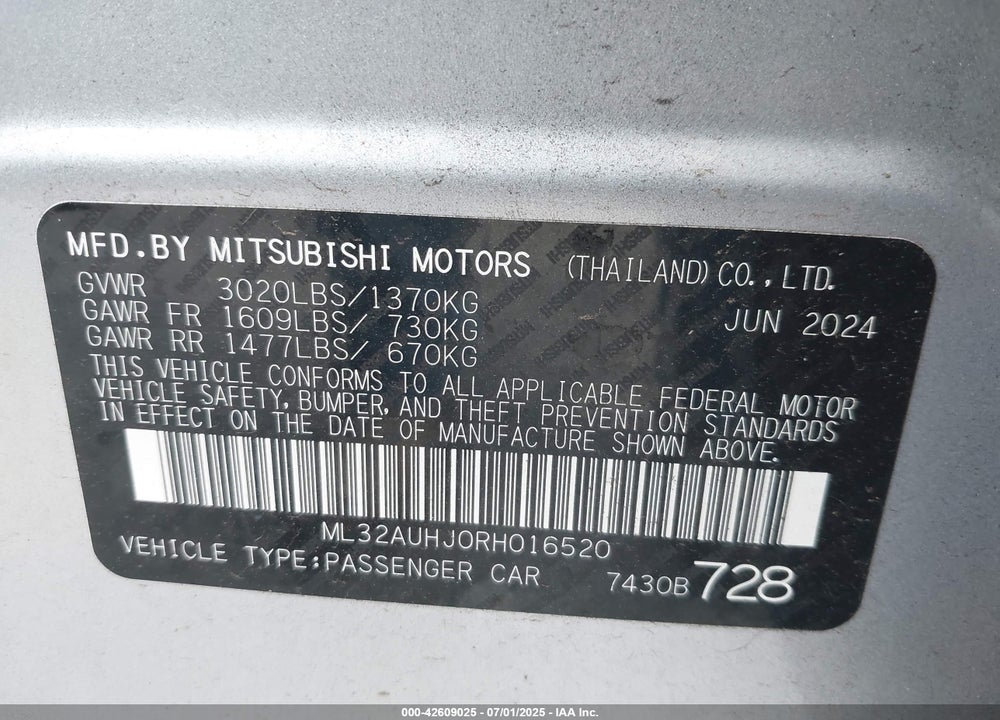 2024 MITSUBISHI MIRAGE VIN: ML32AUHJ0RH016520