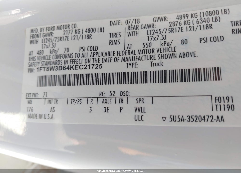 2019 FORD F-350 XL VIN: 1FT8W3B64KEC21725