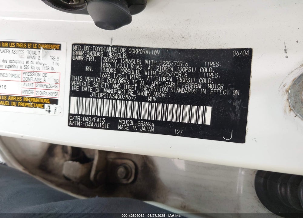 2004 TOYOTA HIGHLANDER LIMITED V6/V6 VIN: JTEDP21A340038677