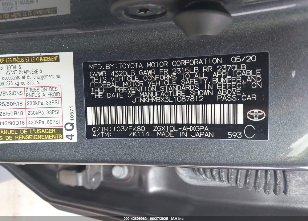 2020 TOYOTA C-HR VIN: JTNKHMBX3L1087812