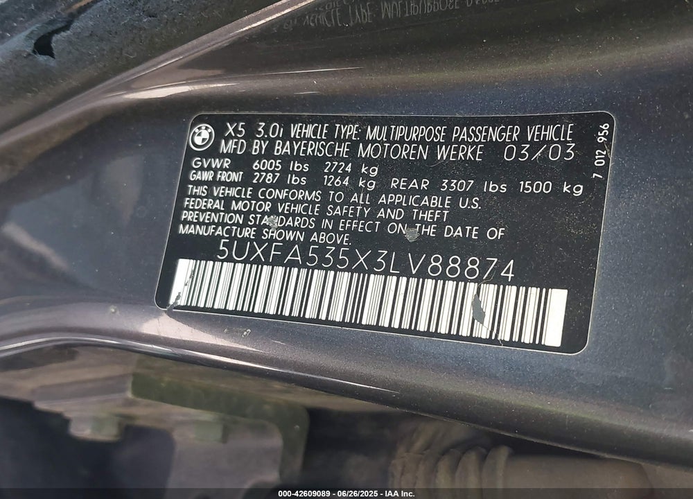 2003 BMW X5 VIN: 5UXFA535X3LV88874