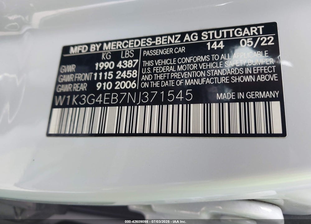 2022 MERCEDES-BENZ A-CLASS VIN: W1K3G4EB7NJ371545