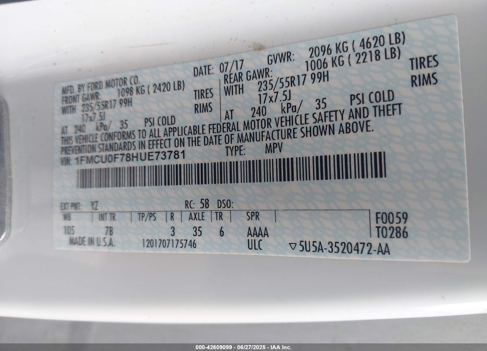 2017 FORD ESCAPE S VIN: 1FMCU0F78HUE73781