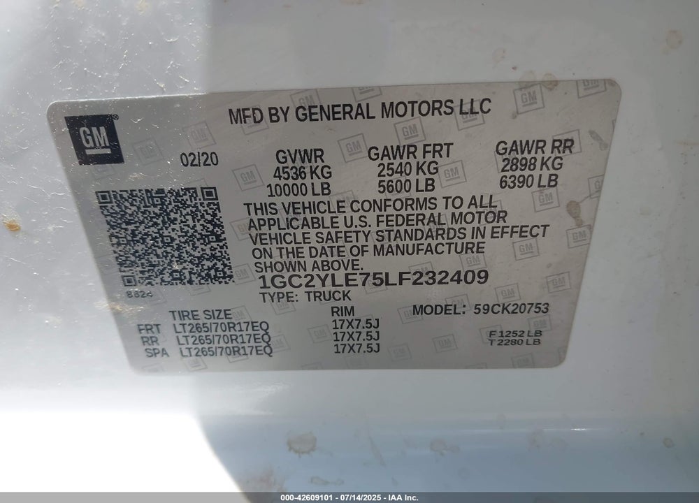2020 CHEVROLET SILVERADO 2500HD VIN: 1GC2YLE75LF232409