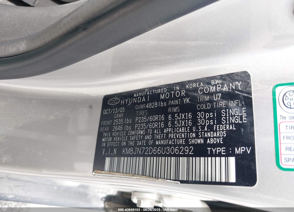 2006 HYUNDAI TUCSON VIN: KM8JN72D66U306292