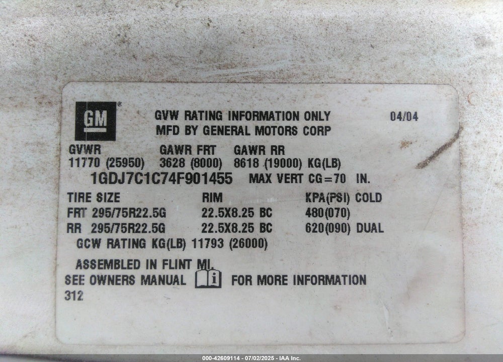 2004 GMC C7500 C7C042 VIN: 1GDJ7C1C74F901455