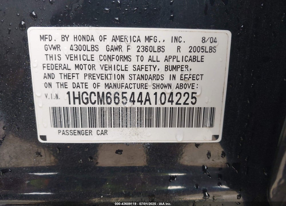 2004 HONDA ACCORD 3.0 EX VIN: 1HGCM66544A104225